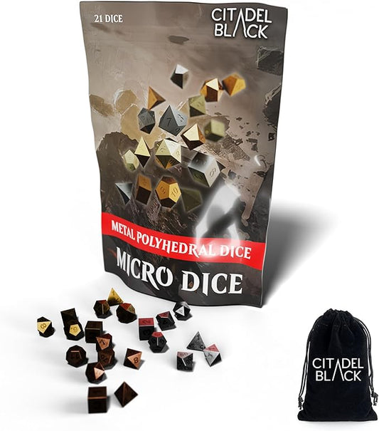 Citadel Black Micro Dice - Set of 21 Metal Roleplaying Dice with Drawstring Storage Pouch, Tiny Polyhedral, Designed for D&D, Pathfinder, and Other Tabletop Campaign Games