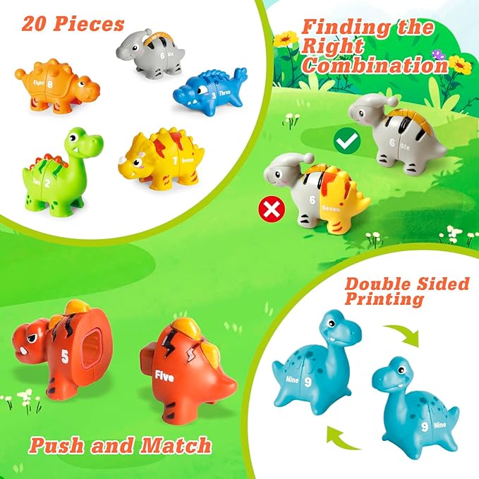 20 PCS Dinosaur Number Learning Toys for Toddlers 2-4, 10 Different Dinosaur Figures, Double Sided Number Matching Game, Preschool Activities Montessori Fine Motor Toys for Toddlers Kids