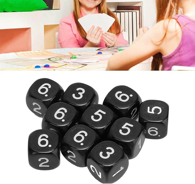 20Pcs Black 6 Sided Number Dice, Round Corner Polyhedral Dice, Polyhedral Dice Role Playing Dice for Numeral Teaching Board Games, DND RPG Wow Table Games (16mm)