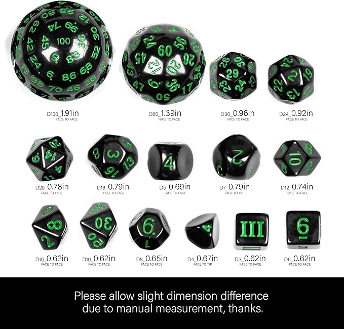 15 Pieces Complete Polyhedral DND Dice Set D3-D100 Spherical D&D Dice Set with Dragon Eye Dice Bag, D100 Dice for Dungeons and Dragons, RPG, MTG Table Games(Black w/Green Numbers)