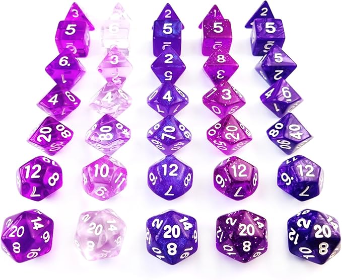 Bescon 35pcs Polyhedral RPG Dice Amethysts Set, DND Role Playing Game Dice Purple Sets 5X7pcs