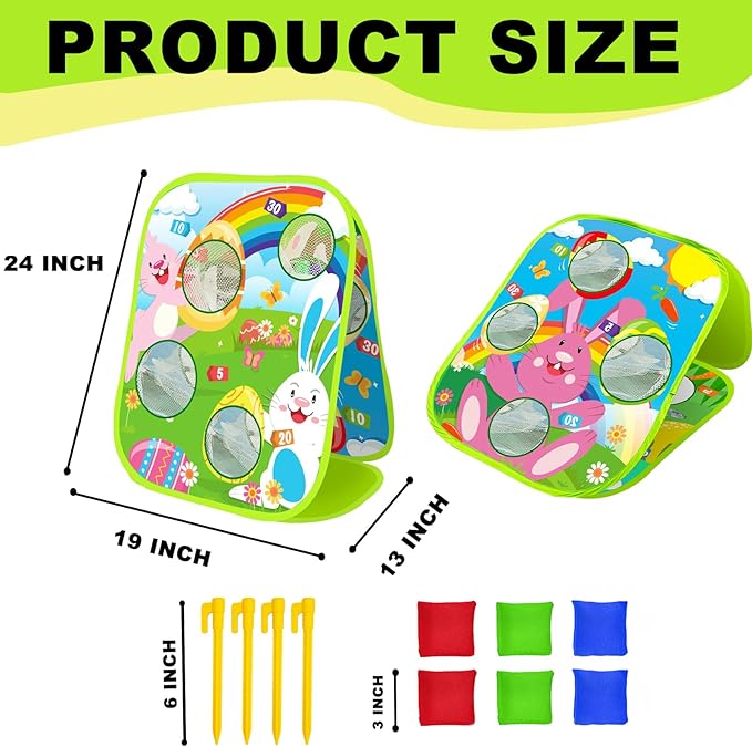 AMENON Carnival Bean Bag Toss Outdoor Games, Double Sided Bunny Eggs Cornhole Board, Easter Carnival Games for Kids Toddler Family Lawn Party Birthday Cornhole Toy with 6 Bean Bag & 4 Stake