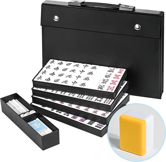 Japanese Riichi Mahjong Set, 144 White and Yellow Tiles - with Black Box, East Wind Tile, Set of Scoring Sticks, and Dices.
