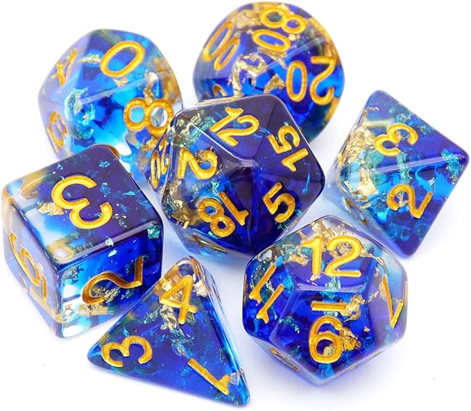 Haxtec DND Dice Set 7PCS Polyhedral Dice for Roleplaying Dice Games as Dungeons and Dragons-Blue Clear Gold Foil