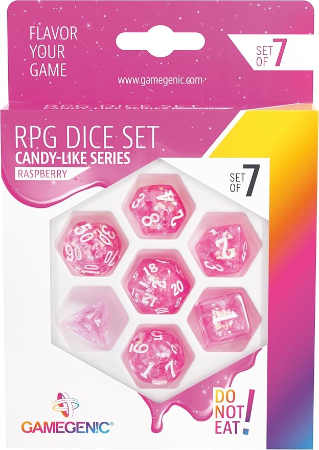 Candy-Like Series RPG Dice Set | Set of 7 Dice in a Variety of Sizes Designed for Roleplaying Games | Premium Quality Resin Dice with Beautiful Glitter Flakes | Raspberry Color | Made by Gamegenic