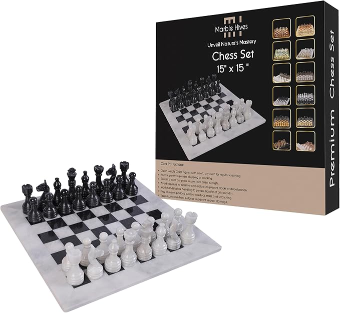 15 Inch Luxury Chess Set Classic Chess Boards for Adults with Handcrafted Stone Board & Marble Chess Pieces Ideal for Home Decor (White & Black)