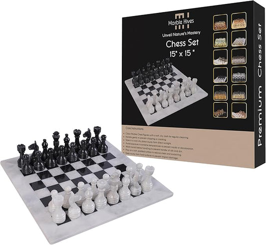 15 Inch Luxury Chess Set Classic Chess Boards for Adults with Handcrafted Stone Board & Marble Chess Pieces Ideal for Home Decor (White & Black)