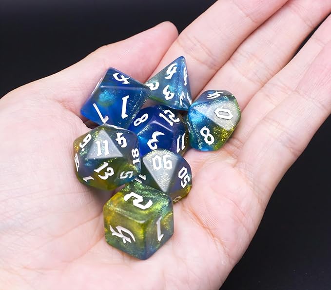 DND Dice Set with Dragon Totem Metal Gife Case, Dungeons and Dragons Dice Set,Polyhedral Dice Set Filled with Shiny Glitters,Role Playing Games and Tabletop Games (Blue&Yellow)