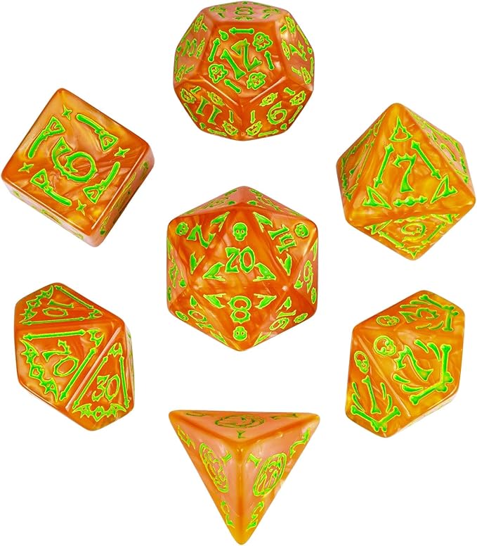 7-Die DND Dice Set Halloween Pattern Polyhedral Die Set with Leather Bag, Skull Dice D&D Die for Dungeons and Dragons RPG Table Games(Halloween Pattern-Orange/Green Number)