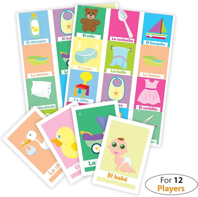 Loteria en Español. Deck of cards with 50pc. Bingo Baby Shower Game in Spanish for 12 players