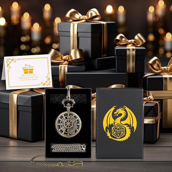 Mini DND Dice Set with Steampunk Hollow Gear Pocket Watch Shell Case, 7pcs Polyhedral Metal D&D Dice, DND Gifts with Gift Box for DND Fans, Role Playing Board Games Accessories