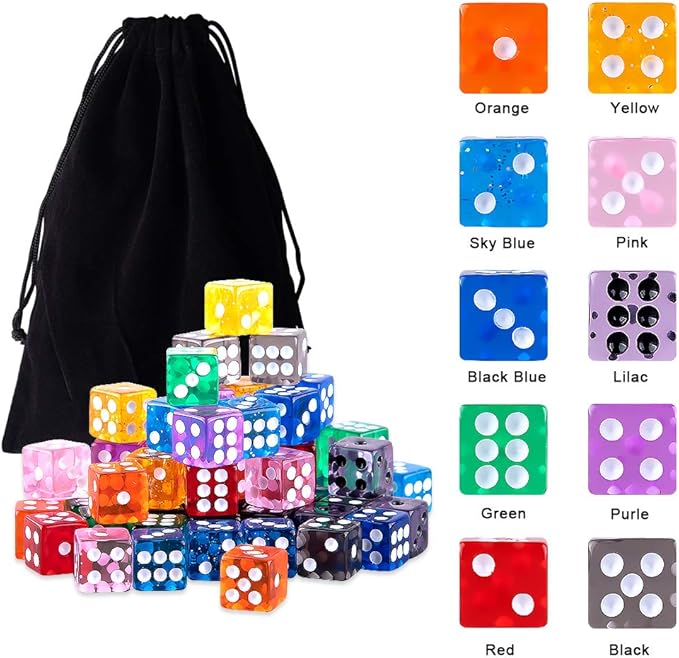 AUSTOR 100 Pieces Dice 12mm Game Dice Set 6 Sided Dice Translucent Colors Square Corner Dices Set for Tenzi, Farkle, Yahtzee, Bunco or Teaching Math with a Velvet Drawstring Bag