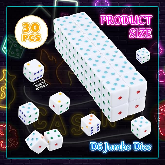 Poen 30 Pcs Standard Dice 25 mm Casino Theme Party Dice Large Opaque Jumbo Acrylic D6 Bulk Sifter for Casino Theme Party Board Vegas Birthday Supply(Multicolor)