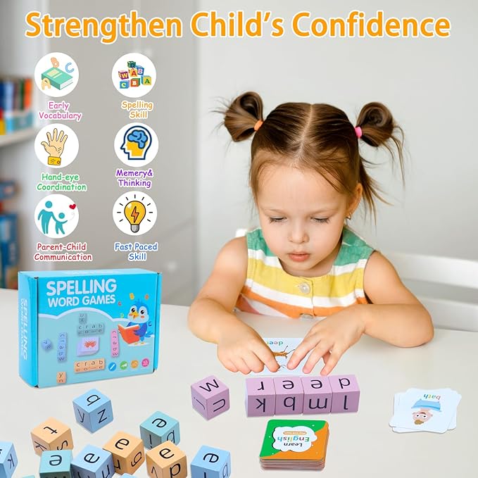 Word Spelling Game, Matching Letter Game for Kids, Fast-paced Word Race Cube Game, 54pcs Flash Cards Alphabet Blocks, Educational Toys for Gift for Kids Ages 3-8