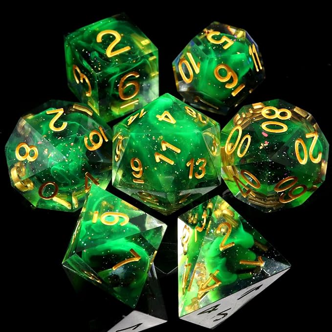 Haxtec Glitter DND Dice Set Sharp Edge Dice with Dice Case Handmade Green Resin D&D Dice Set for TTRPGs Dungeons and Dragons Gifts