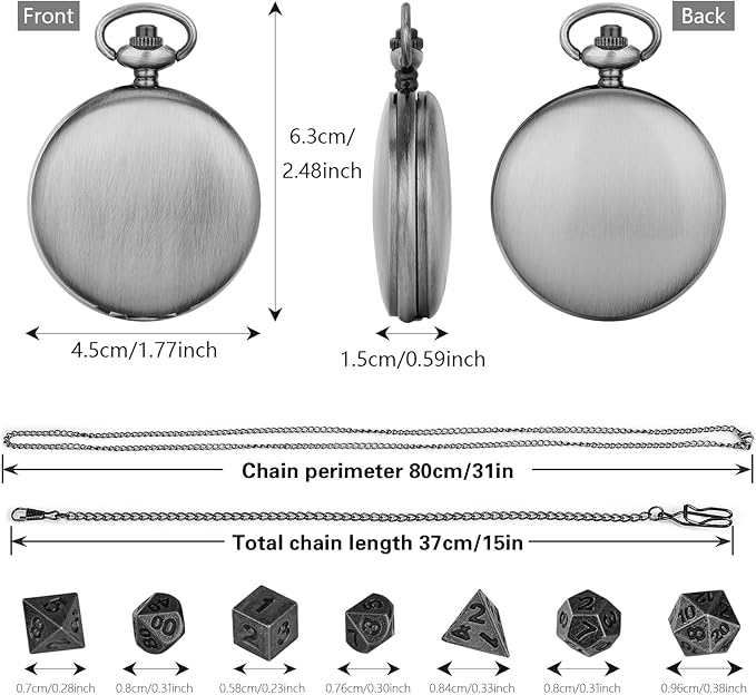Mini DND Dice Set with Smooth Pocket Watch Shell Case, 7pcs Polyhedral Metal D&D Dice Accessories, DND Gifts with Box for Player, Role Playing Board Games Accessories, DND Gifts, Dark Silver