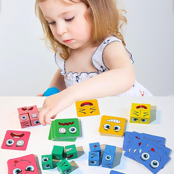 Wooden Face Changing Magic Cube Game, Montessori Puzzle Game for Kids Educational Face Changing Cubes