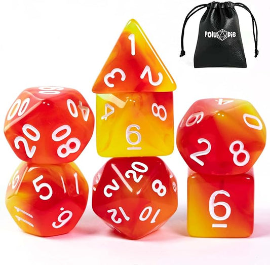 7-Die DND Dice Set Polyhedral Dice Set with a Leather Dice Bag, D&D Dice Set for Dungeons and Dragons, RPG, MTG Table Games (T/Red Yellow)