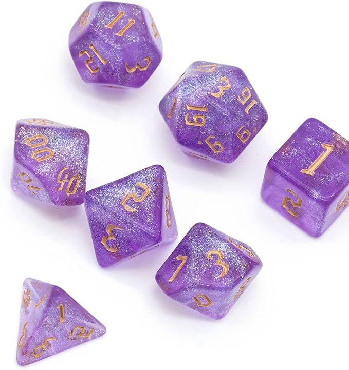 7-Die DND Dice Set Polyhedral Dice Set with a Leather Dice Bag, D&D Dice Set for Dungeons and Dragons, RPG, MTG Table Games (Purple/G)