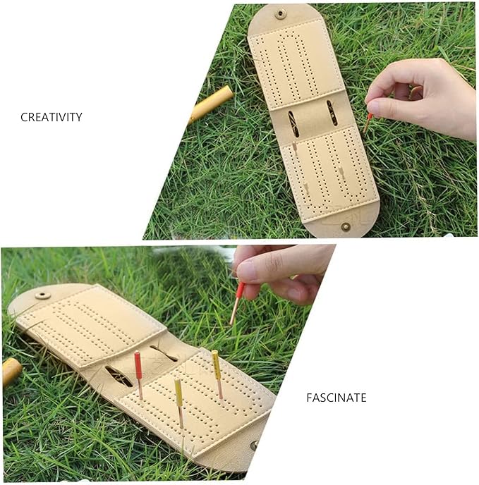 Leather Cribbage Game Scoreboard,Leather Cribbage Board Game Set with Needle Lightweight Brown 2 Track Leather Game Bag Scoreboard for Pepple Over 8