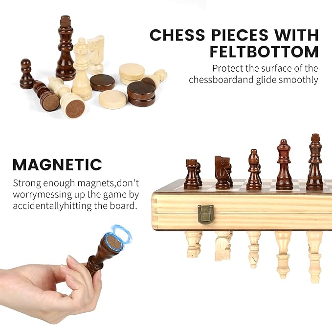 LEAP Magnetic Wooden Chess Sets 15 inch Foldable Chess Board 3 inch King Height Chess Pieces Travel Chess Sets, Chess Board Set with 2 Extra Pieces and Storage Slots for Beginer, Adults