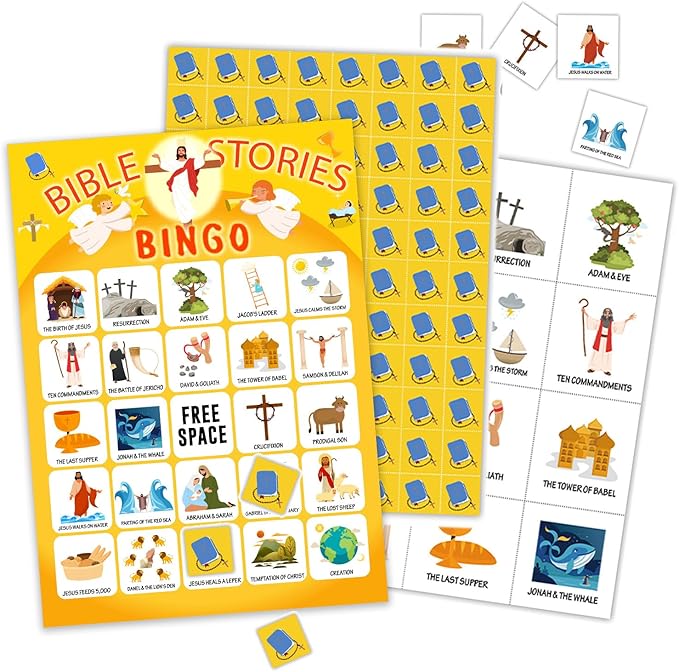 Bible Bingo Cards - Bible Stories, 24 Bingo Cards Sets, Bingo Games for Home Activities, Vacation Gifts for Adult Teenager, Bible Games Christian Party Game Bingo Supplies -01