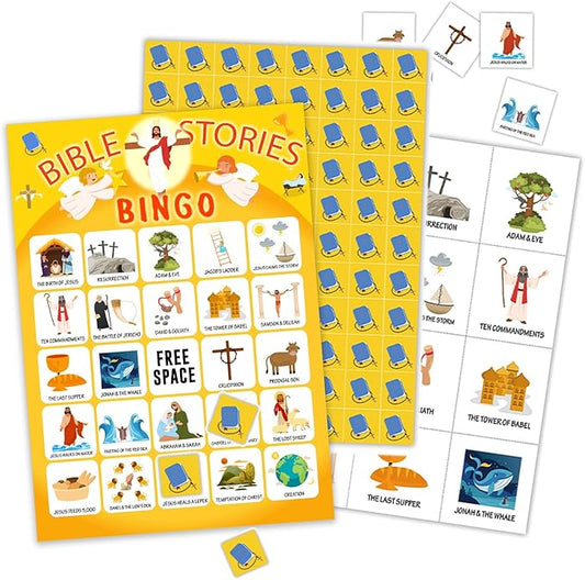 Bible Bingo Cards - Bible Stories, 24 Bingo Cards Sets, Bingo Games for Home Activities, Vacation Gifts for Adult Teenager, Bible Games Christian Party Game Bingo Supplies -01