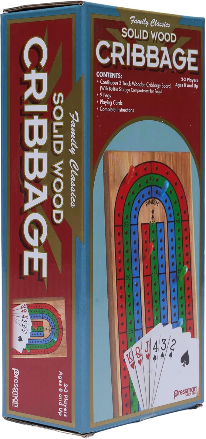 Family Classics Cribbage - Solid Wood Continuous 3 Track Board with Built-In Storage Compartment for Pegs