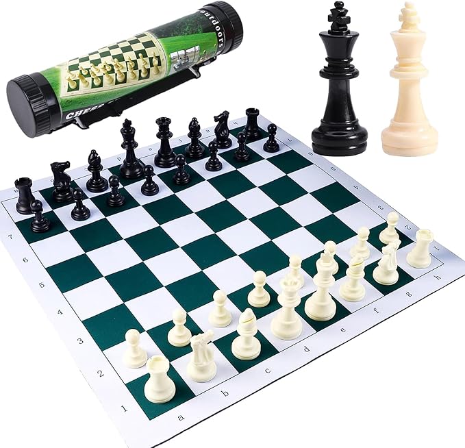 Ragyzity Portable Chess & Checkers Set, Regulation Tournament Roll-Up Staunton Chess Set with Plastic Tube Roll, 2 in 1 Travel Board Games for Adults, Folding Roll Up Chess Set Travel Chess Set(34cm)