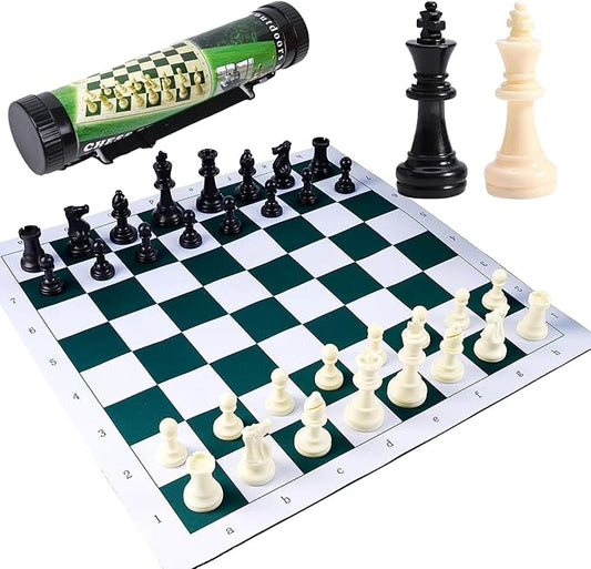 Ragyzity Portable Chess & Checkers Set, Regulation Tournament Roll-Up Staunton Chess Set with Plastic Tube Roll, 2 in 1 Travel Board Games for Adults, Folding Roll Up Chess Set Travel Chess Set(34cm)