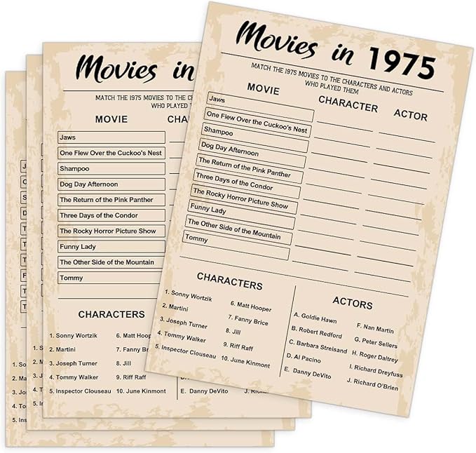 50th Birthday Party Games, Movie in 1975 Games, Birthday Party Supplies for Adults, Fun 1975s Party Game，Pack of 30 Cards