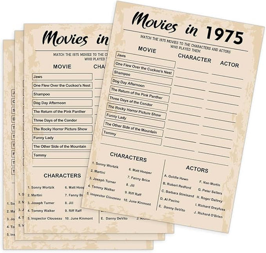50th Birthday Party Games, Movie in 1975 Games, Birthday Party Supplies for Adults, Fun 1975s Party Game，Pack of 30 Cards