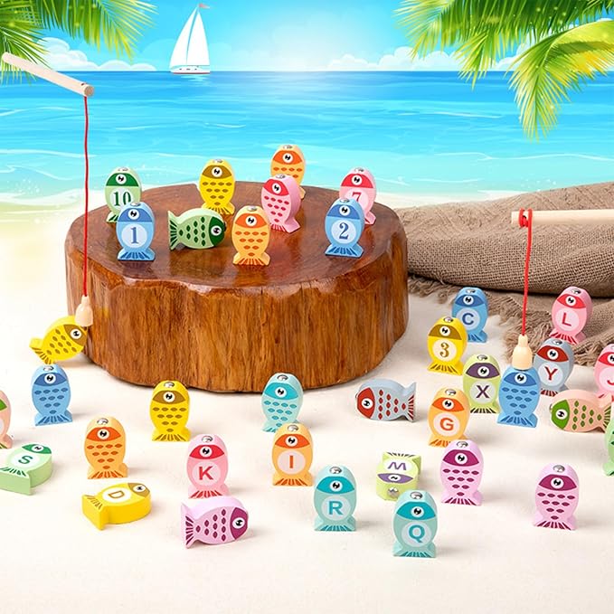 ONEST 28 Pieces Magnetic Fishing Game for Kids Wooden Magnet Fishing Game Wooden Magnetic Toys for Kindergarten Preschool Girl Boy