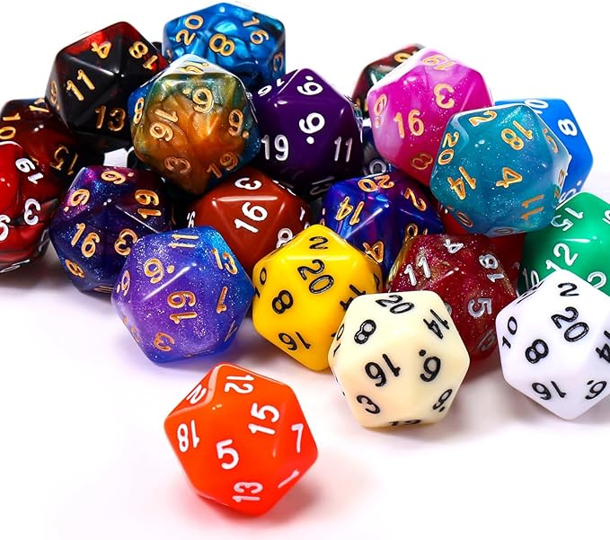 TecUnite 25 Pieces Polyhedral Dice Set with Black Pouch for Other Table Games with Random Multi Colored Assortment (Mix Color,20 Side)