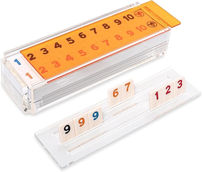 Luxury Rummy Tile Set Game in Handmade Acrylic Case with 4 Racks Included (Orange)