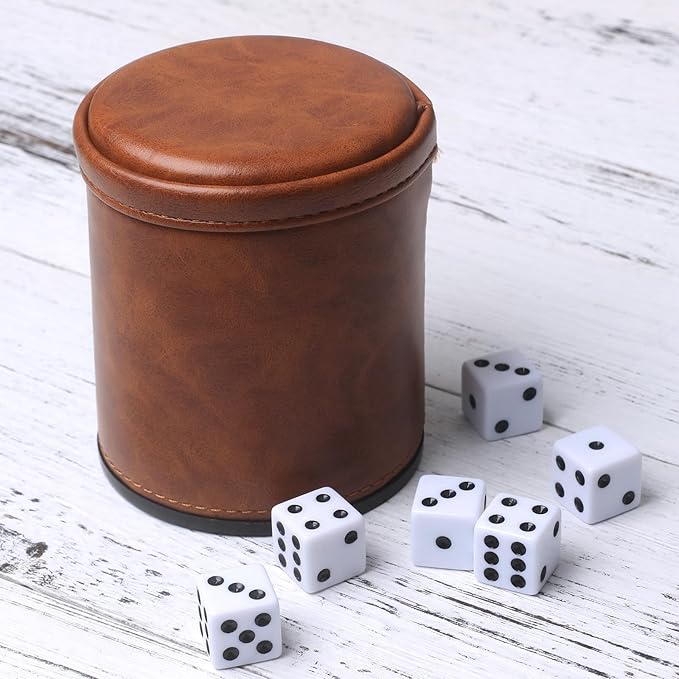 Brown PU Leather Dice Cup Set, Felt Lined Dice Shaker with 6 Dice for Liars Farkle Yahtzee Game