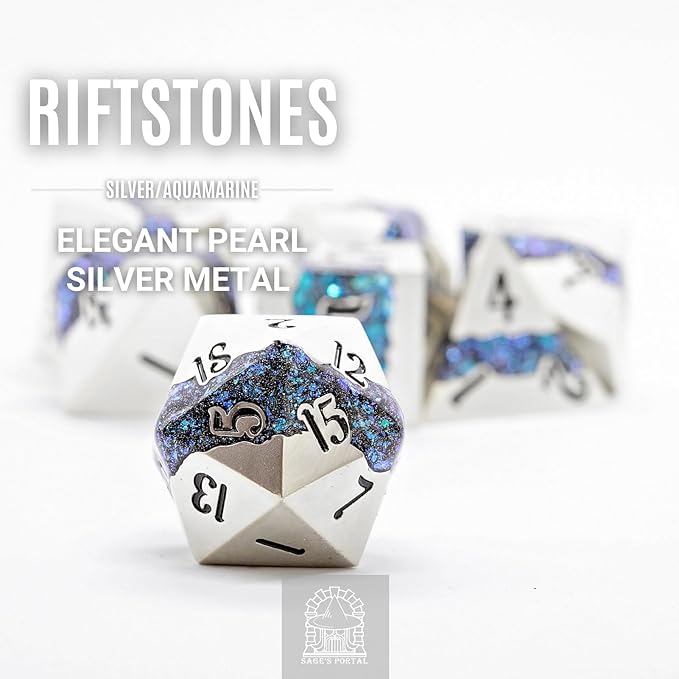 Sage's Portal Metal Riftstone DND Dice 7-PC Polyhedral Dice Set for DND TTRPG Dungeons and Dragons Pathfinder Oversized Designer Dice (Pearl Silver/Aquamarine)