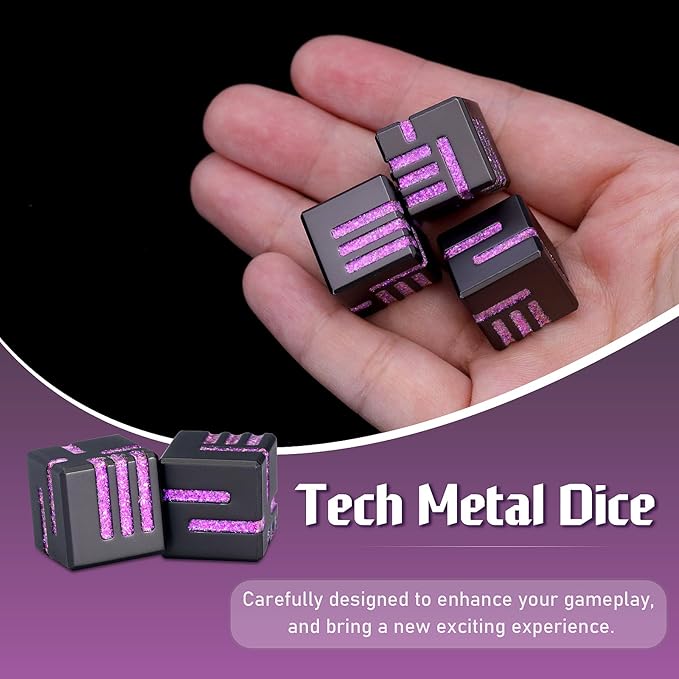 ZHOORQI D6 Metal Dice, 16mm 6 Sided Dice Set, 6Pcs/Set Tech-Themed New Concept Glittery Lines D6 Dice for DND, Tabletop RPGs Gifts（D6-Glitter Purple）