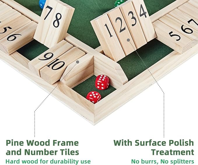 ApudArmis 4-Way Shut The Box 14 Inches, Large Wooden Board Game Set with Dice, Shut-The-Box for Kids & Adults - Learning Addition Classroom Home Party Pub