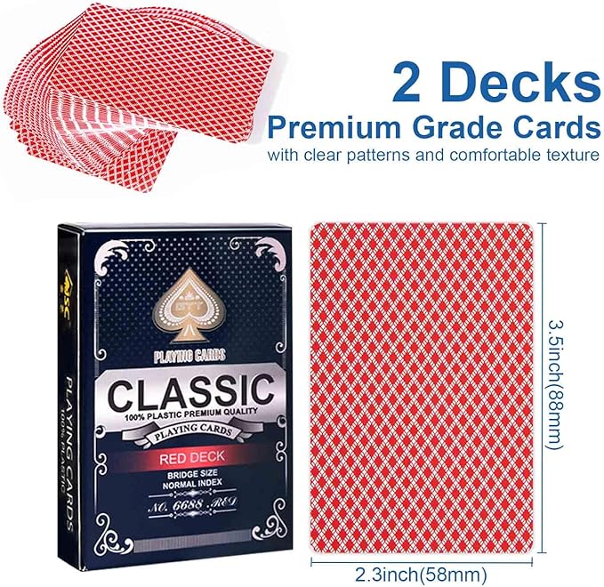 Red Plastic Playing Cards 2 Pack, Waterproof Poker Cards Professional, Deck of Cards, Standard Playing Card Decks for Texas, Go Fish, Hearts, Blackjack, Canasta Fun & Travel Card Games
