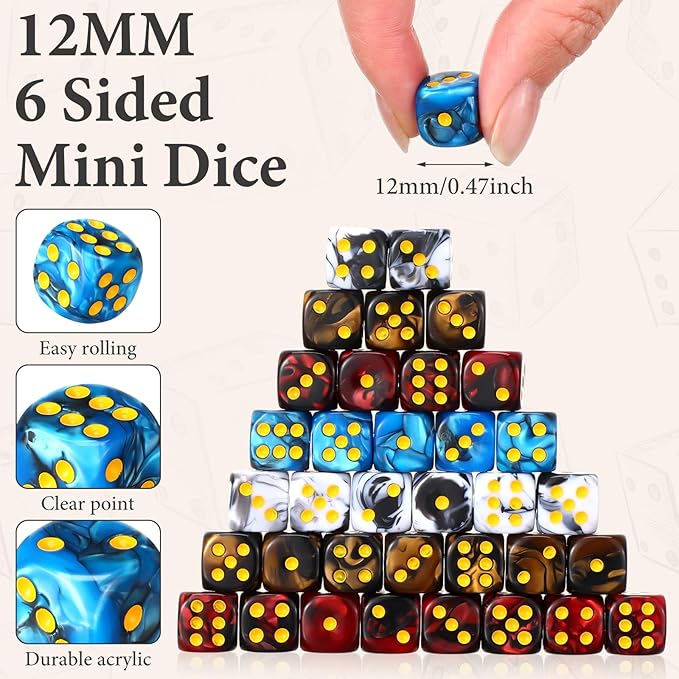 144 Pieces 12mm 6 Sided Mini Dice Set for School Classroom Table Games Marble Two Colors D6 Game Standard Dice with Portable Plastic Box for Bunco or Teaching Math Learning (Classic Color)