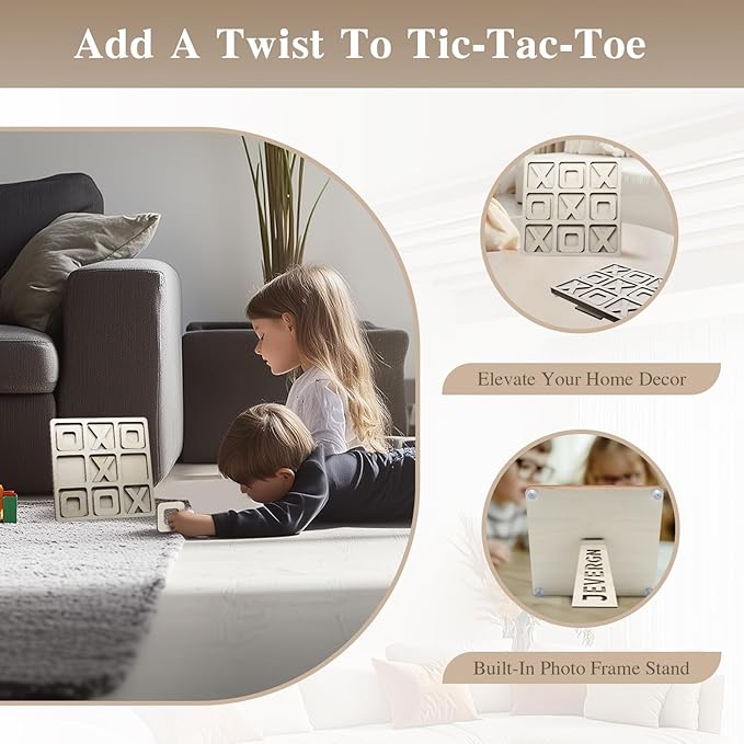 JEVERGN 8.66 Inches Tic Tac Toe Game with Stand, Wooden Tic Tac Toe Board Game Decor, Rustic Coffee Table Game, Two Ways to Play