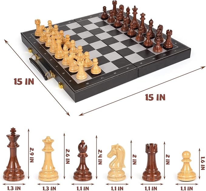 Chess Checkers Backgammon Set 3-in-1 Board Games Sets for Kids & Adults，15" Folding Magnetic Chess Set Leather Chess Board Strategy Game Portable Travel Chess Game with Magnetic Chess Pieces