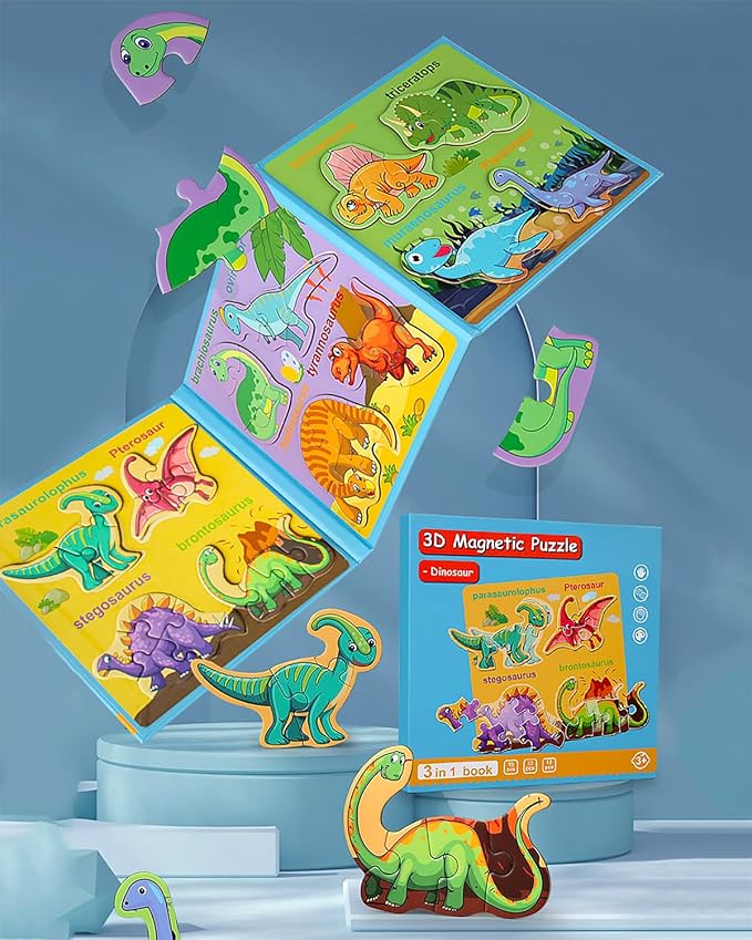 Magnetic Puzzles for Toddlers 2-4, Travel Puzzles Games for Kids Ages 1-3, Dinosaur Activities Toy Wooden Jigsaw Puzzles Book for Boys & Girls 1 2 3 4 5, Learning Magnet Gift for Road Trip (Dinosaur)