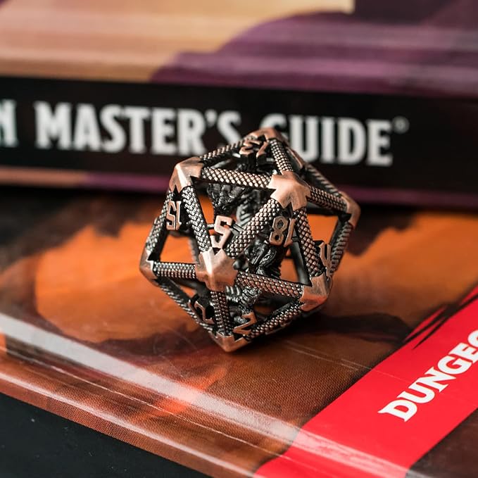 UDIXI 22mm D20 Metal Dice, Single D20 DND Dice, Hollow Dragon Design Polyhedral Dice D&D for Dungeons and Dragons, Role Playing Game Pathfinder(Ancient Copper)