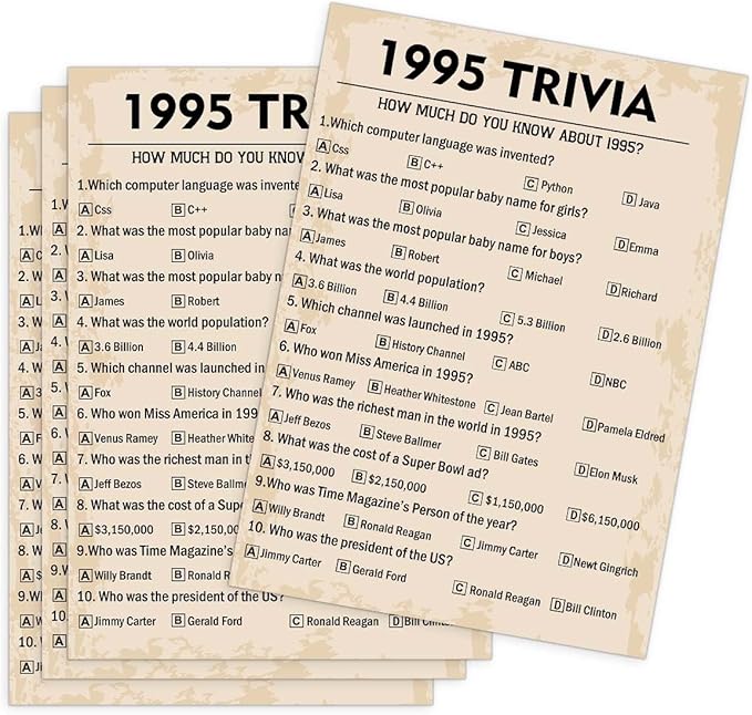 QUPT 30th Birthday Party Games, 1995 Trivia Games, Birthday Party Supplies for Adults, Fun 1995s Party Game，Pack of 30 Cards