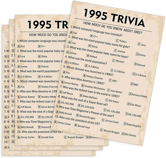 QUPT 30th Birthday Party Games, 1995 Trivia Games, Birthday Party Supplies for Adults, Fun 1995s Party Game，Pack of 30 Cards