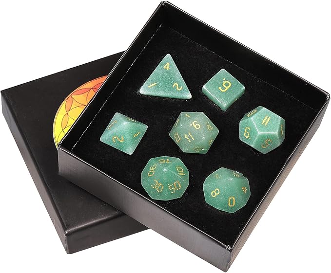 TUMBEELLUWA Engraved Crystal Stone Polyhedral Dice Set for RPG MTG Dungeons and Dragons Table Game 7 Pieces DND Board Game Dices with Pouch, Green Aventurine