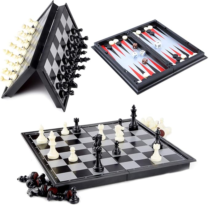 Hoshin Chess/Checkers/Backgammon 3 in 1 Set, Portable Folding Travel Magnetic Chess Board for Kids, 9.8 x 9.8 x 0.8 Inch