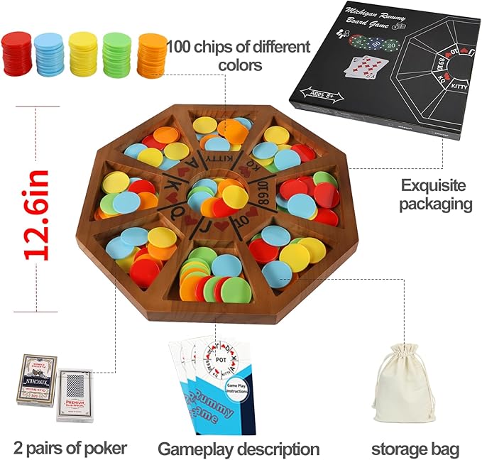 Michigan Rummy Game Luxury Set Royal Hearts Rummy Poker Wooden Tripley Board Game Bravado Game Classic Family Card Game 100 Chips 2 Playing Cards (Small Octagon, Walnut Color)